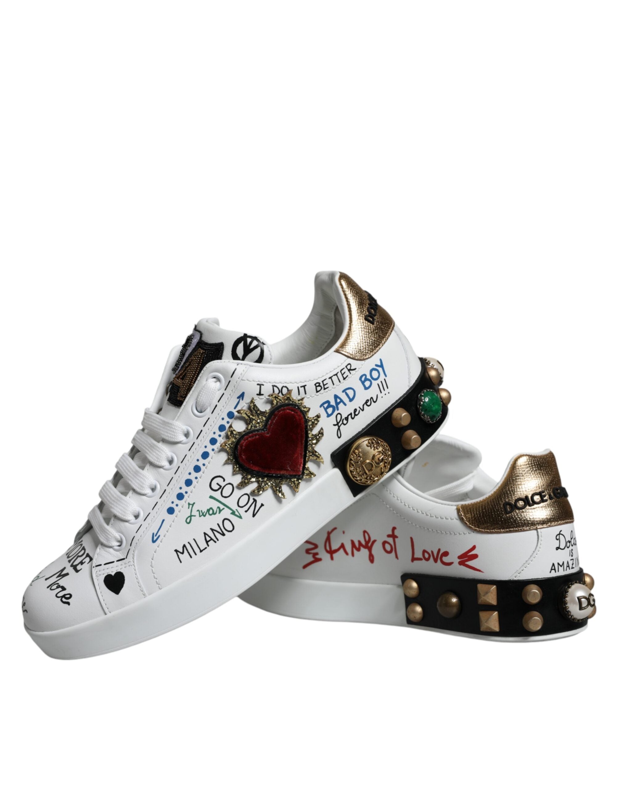 Dolce & Gabbana White Heart Studded Low Top Sneakers Shoes