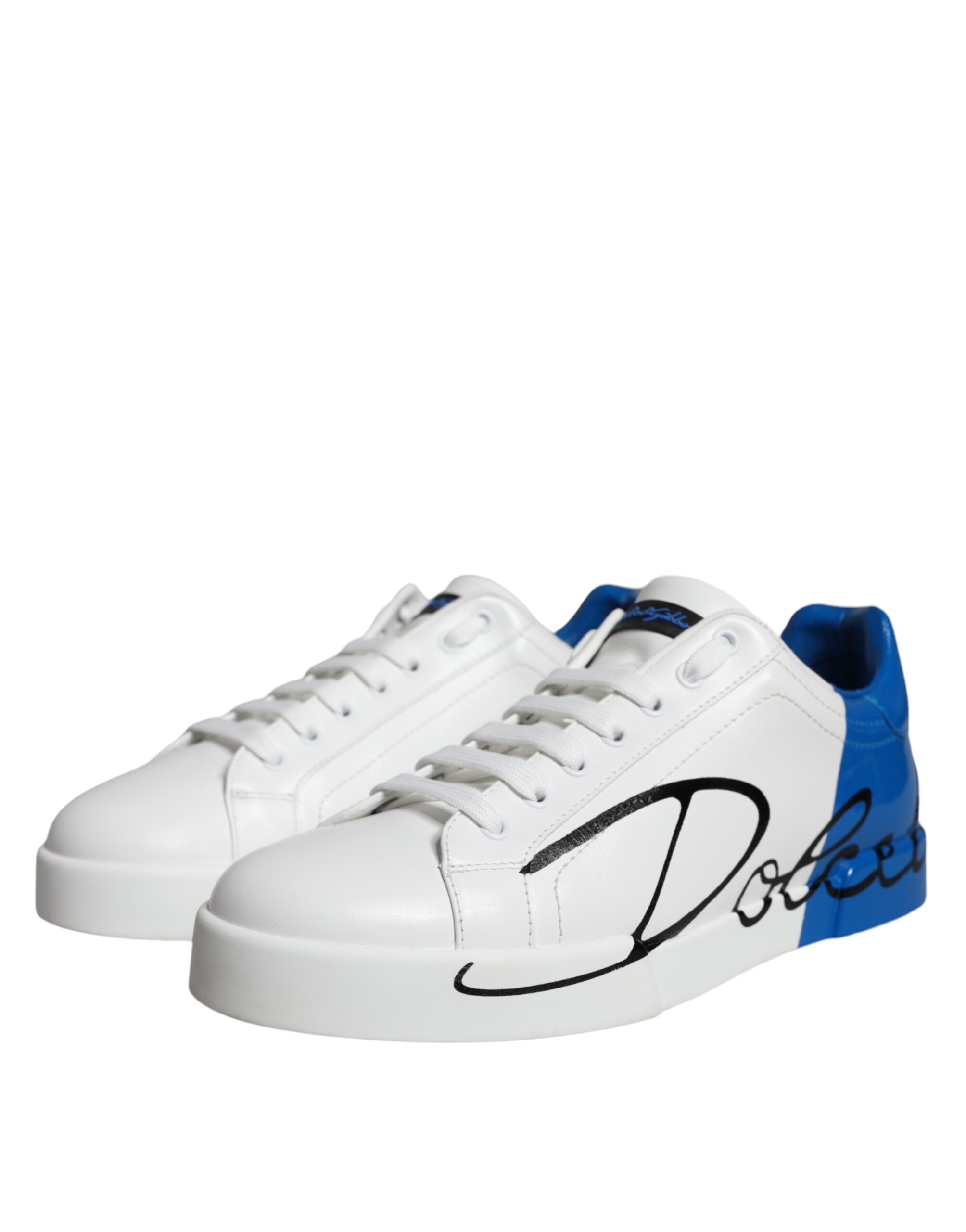 Dolce & Gabbana White Blue Leather Logo Low Top Sneakers Shoes