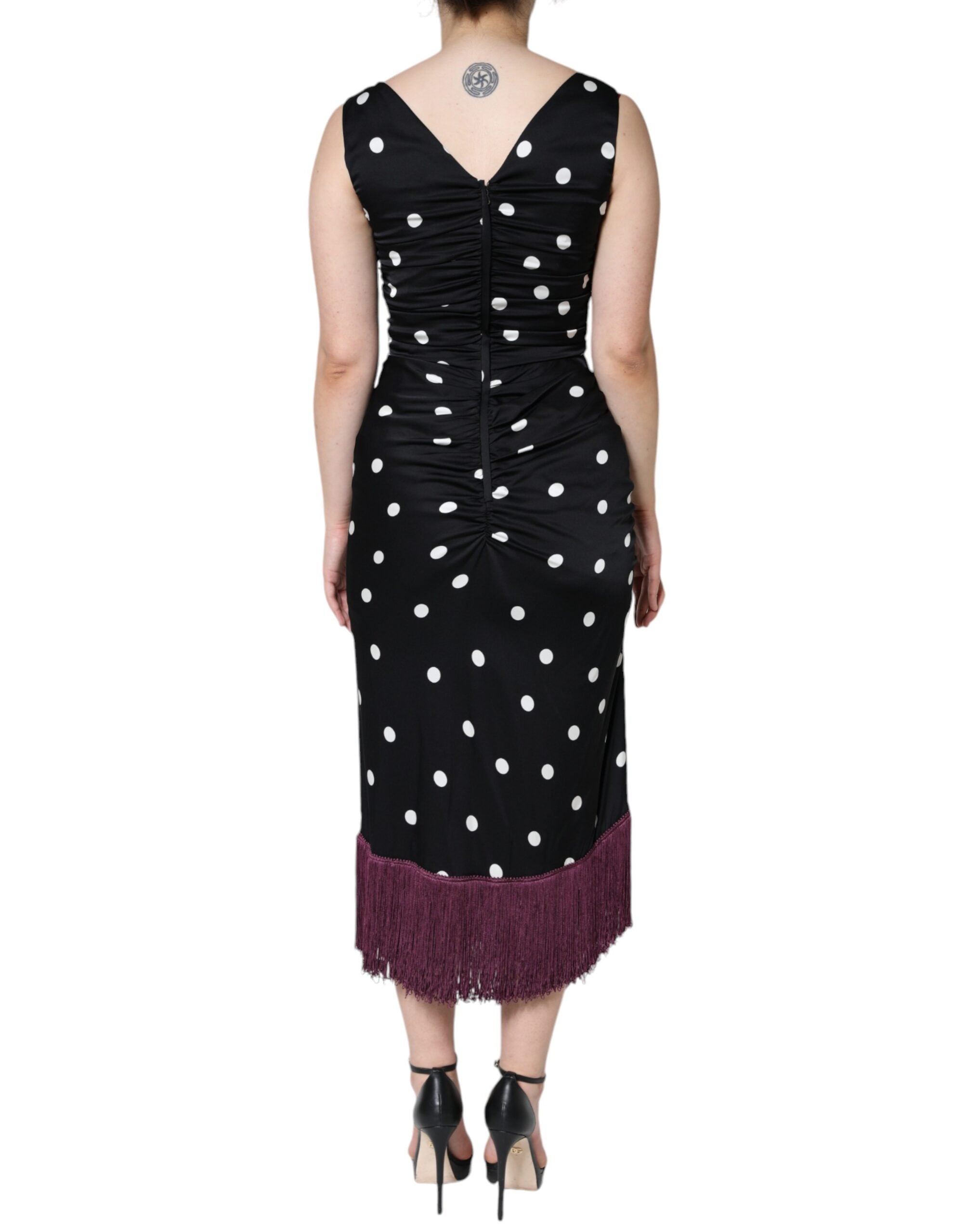 Dolce & Gabbana Black Silk Polka Dot Vneck Tassel Midi Dress