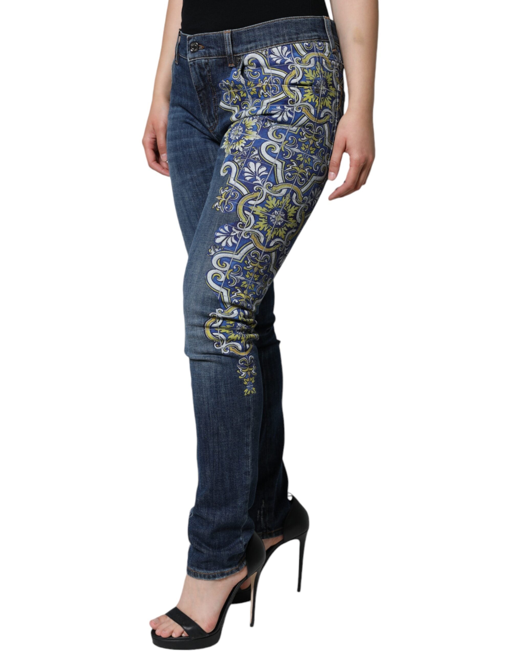 Dolce & Gabbana Blue Floral Cotton Stretch Skinny Denim Jeans