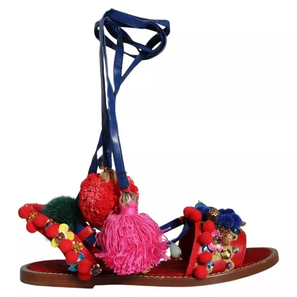 Dolce & Gabbana Multicolor Pom Pom Fur Wrap Sandals Shoes