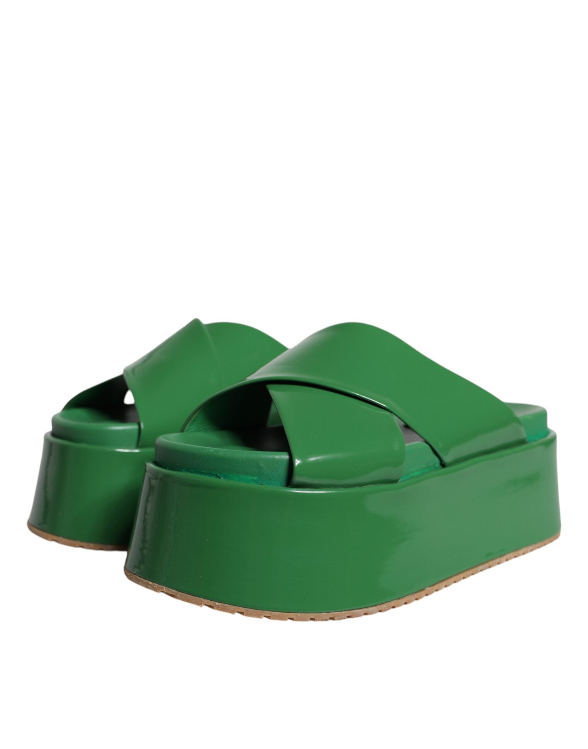 Dolce & Gabbana Green Leather Wedge Slides Sandals Shoes