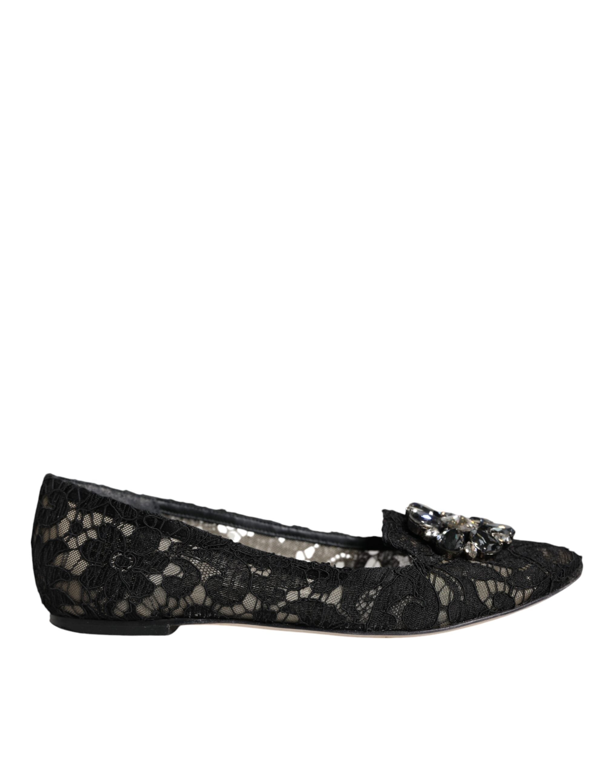 Dolce & Gabbana Black Lace Crystal Ballet Flats Loafer Shoes