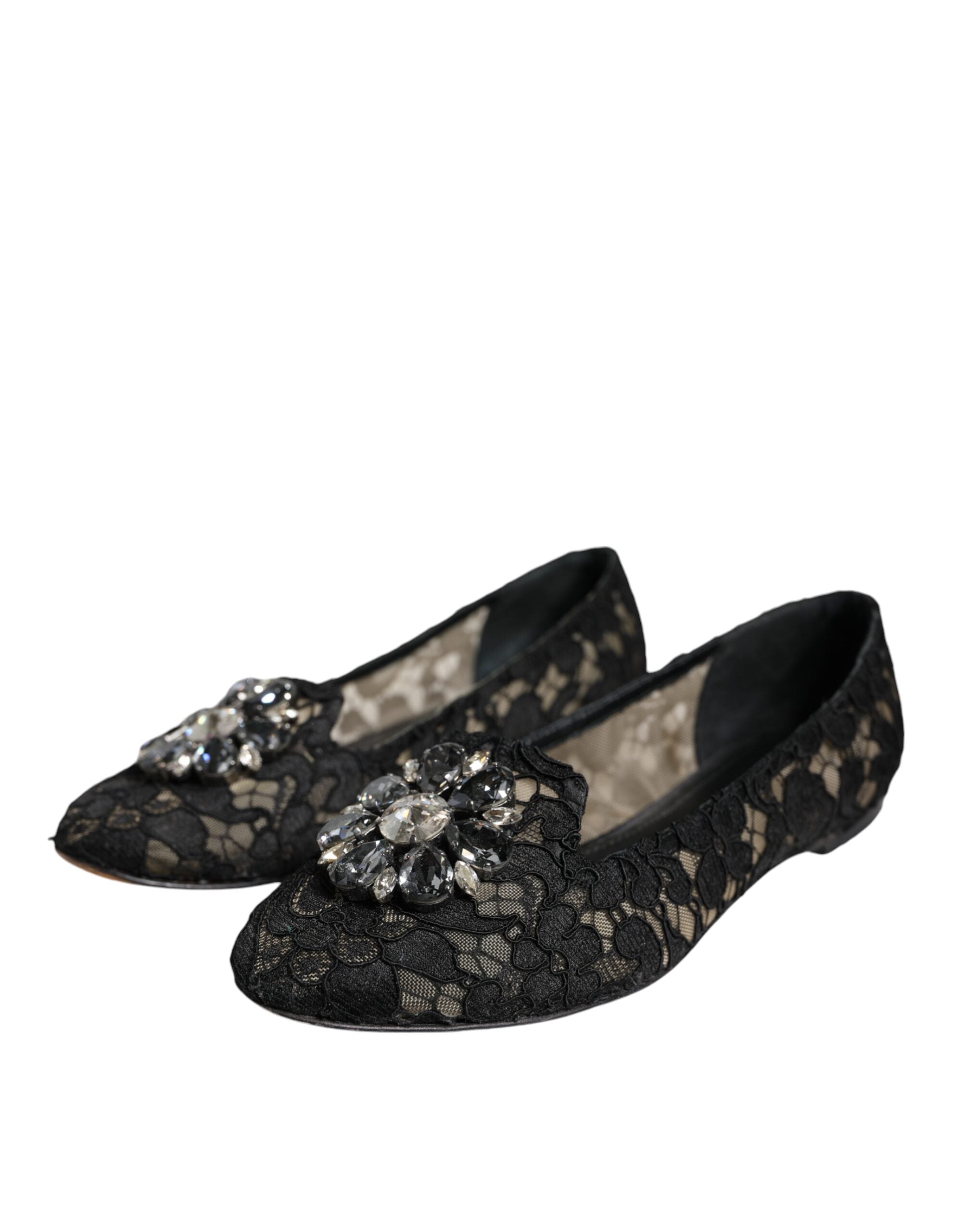 Dolce & Gabbana Black Lace Crystal Ballet Flats Loafer Shoes