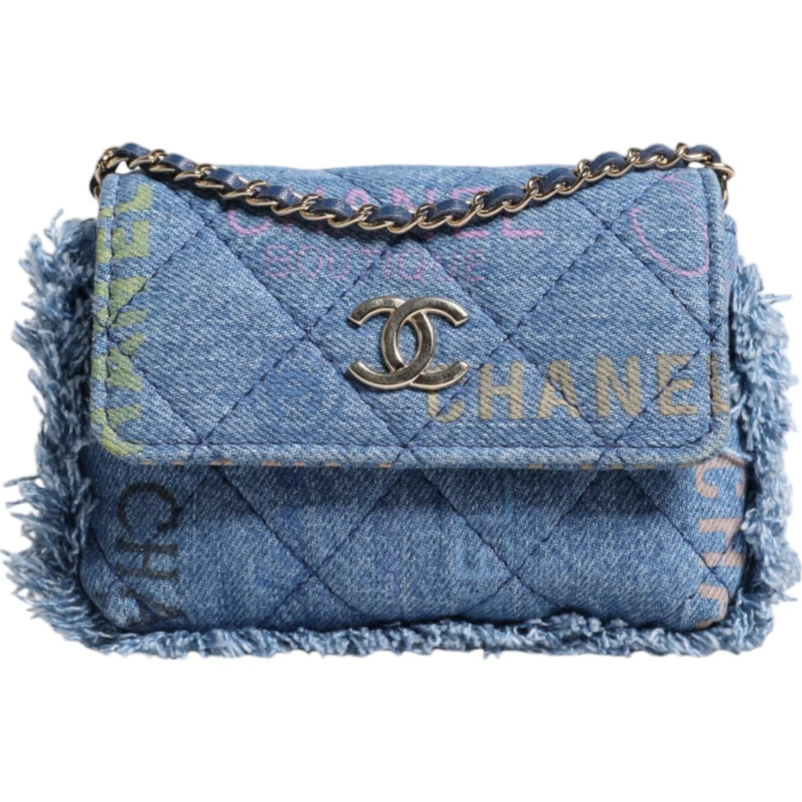 Chanel Denim Mood Flap Micro Logo Printed Fringed Τσάντα Ώμου