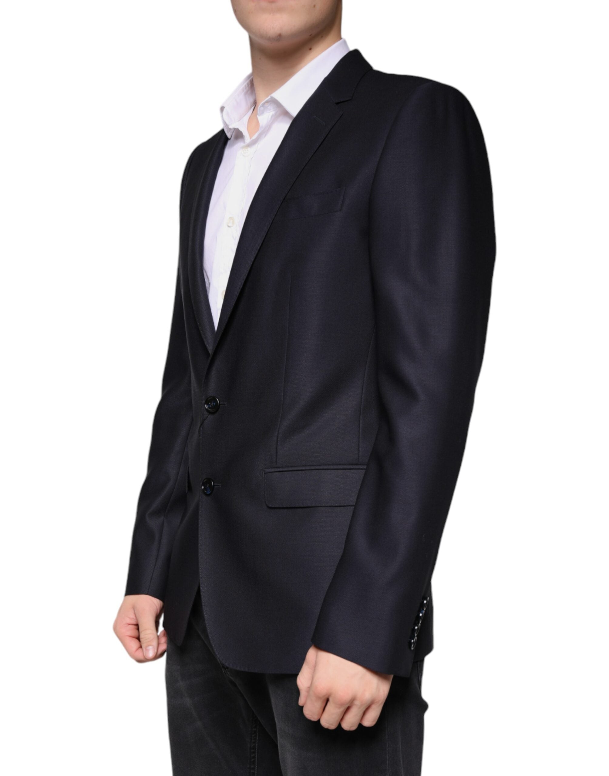 Dolce & Gabbana Dark Blue Wool Single Breasted Dress Coat Blazer