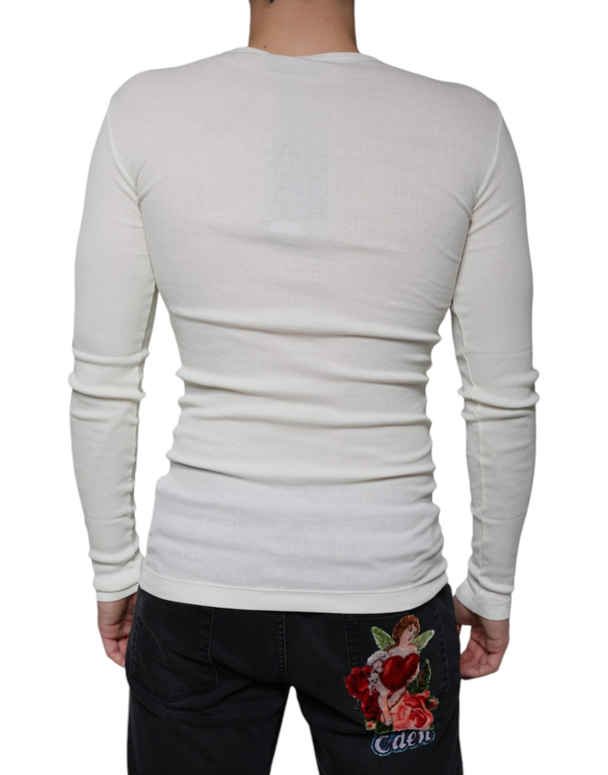 Dolce & Gabbana Λευκό Βαμβακερό Πουλόβερ Henley Crew Neck