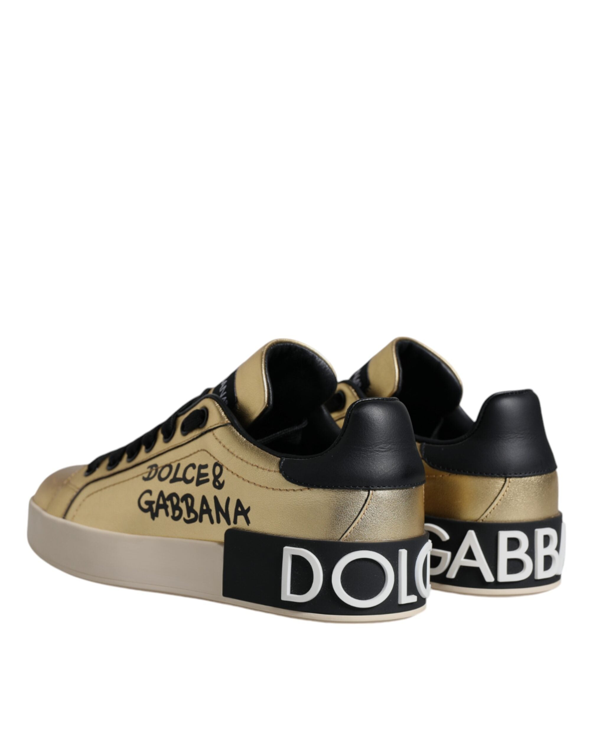 Dolce & Gabbana Gold Portofino Calf Leather Sneakers Shoes