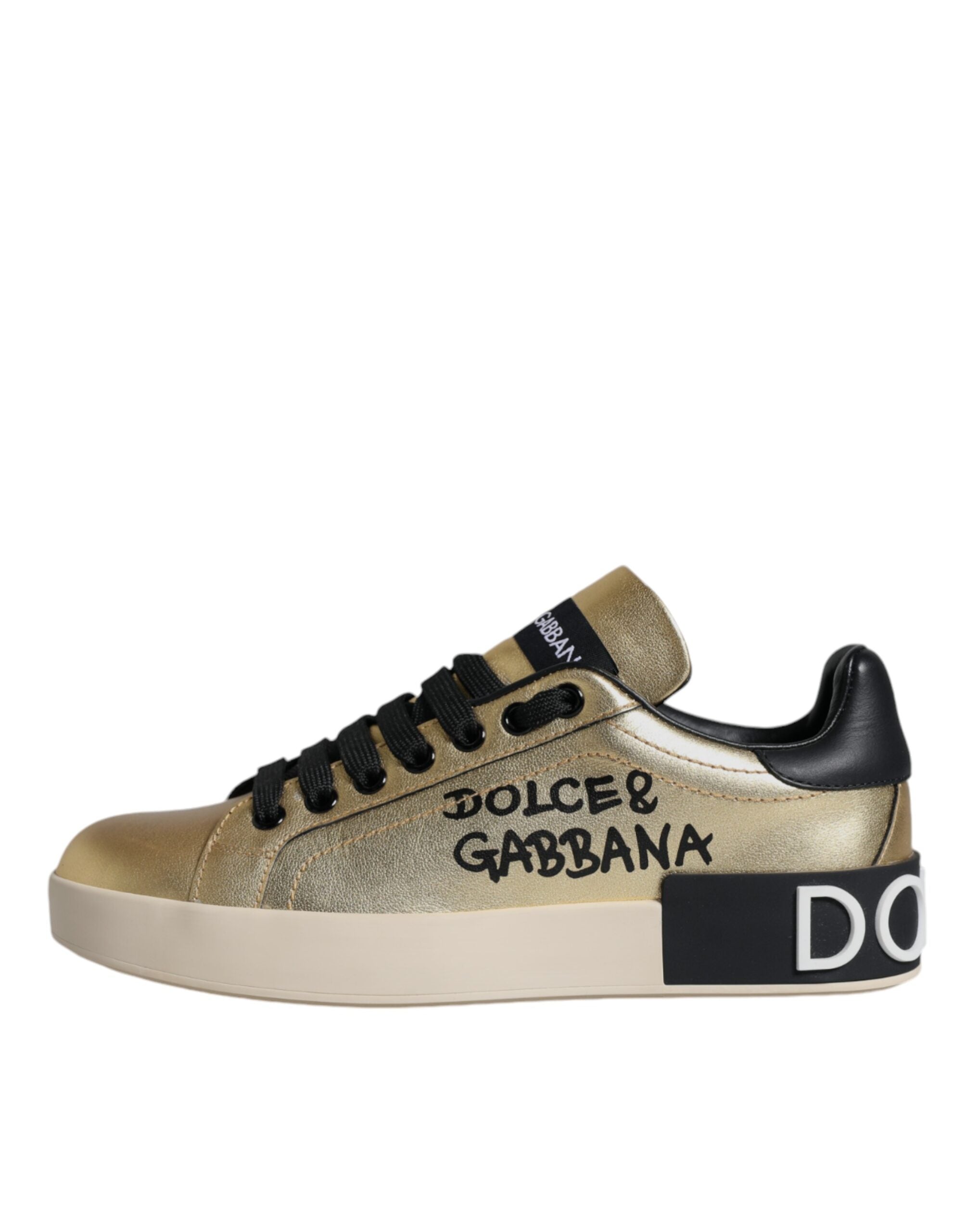 Dolce & Gabbana Gold Portofino Calf Leather Sneakers Shoes