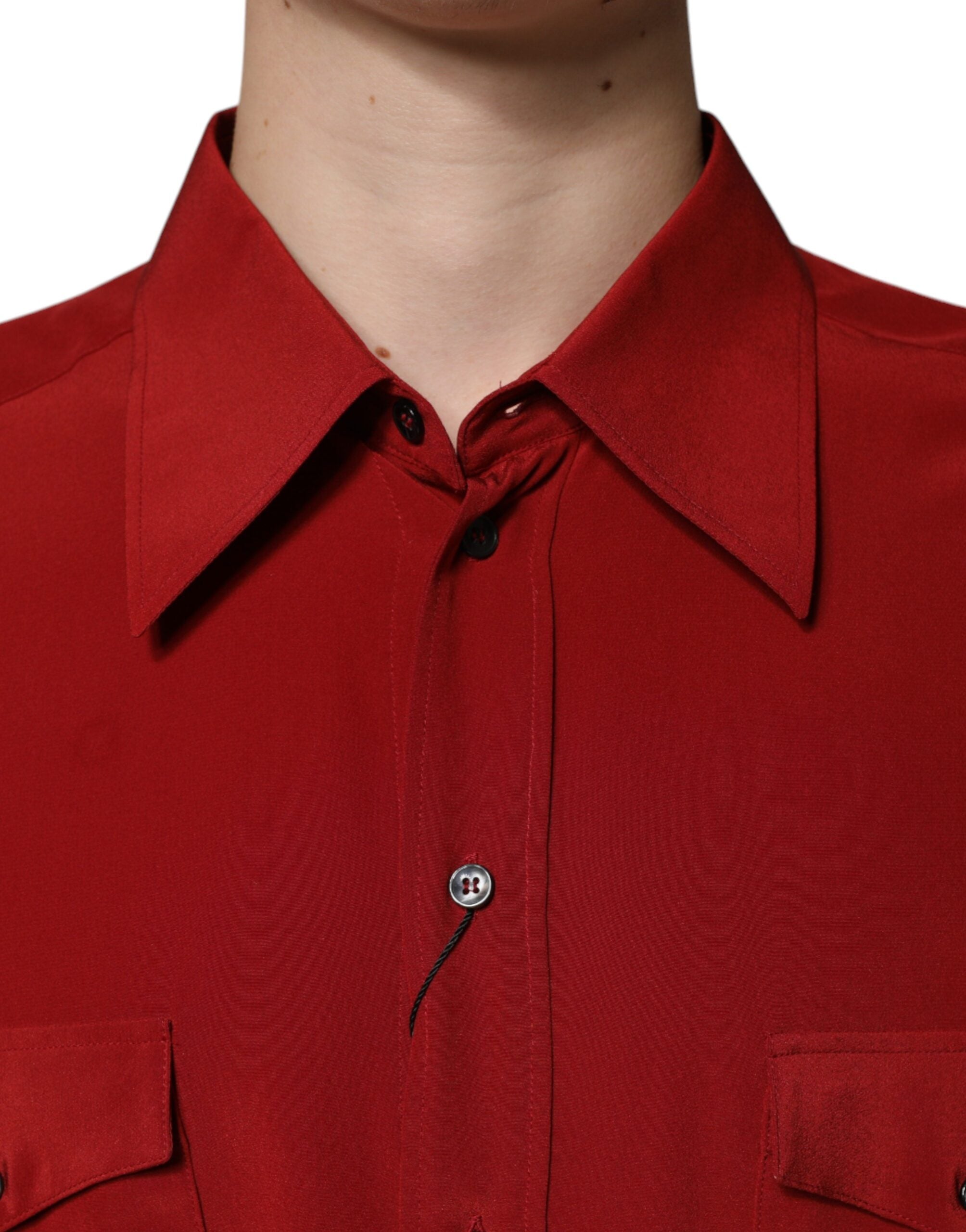 Dolce & Gabbana Red Pink Silk Collared Button Down Shirt