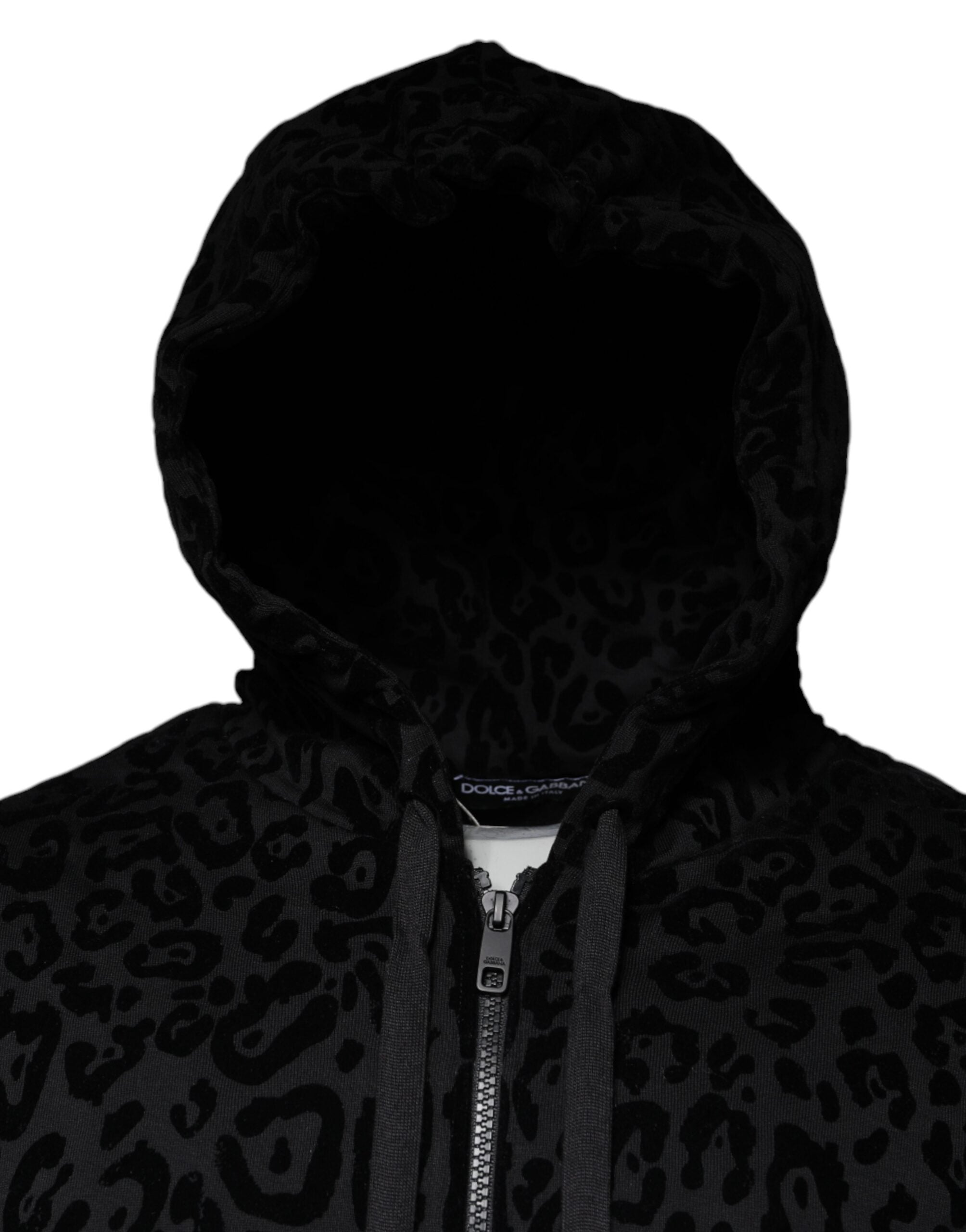 Dolce & Gabbana Black Leopard Cotton Hooded Full Zip Sweater