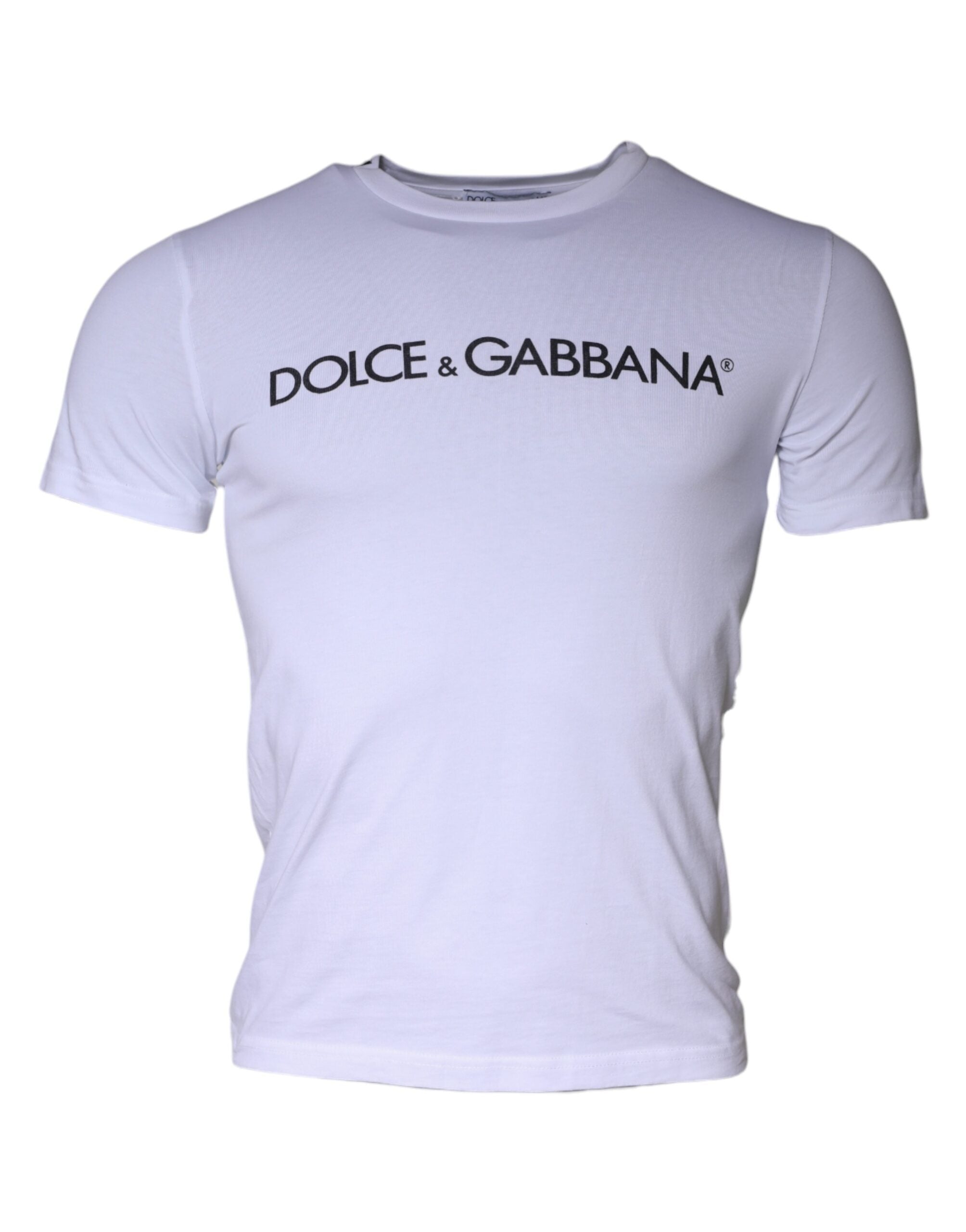 Dolce & Gabbana Λευκό Λογότυπο Εκτύπωσης Βαμβακερό T-Shirt με Στρογγυλή Λαιμόκοψη