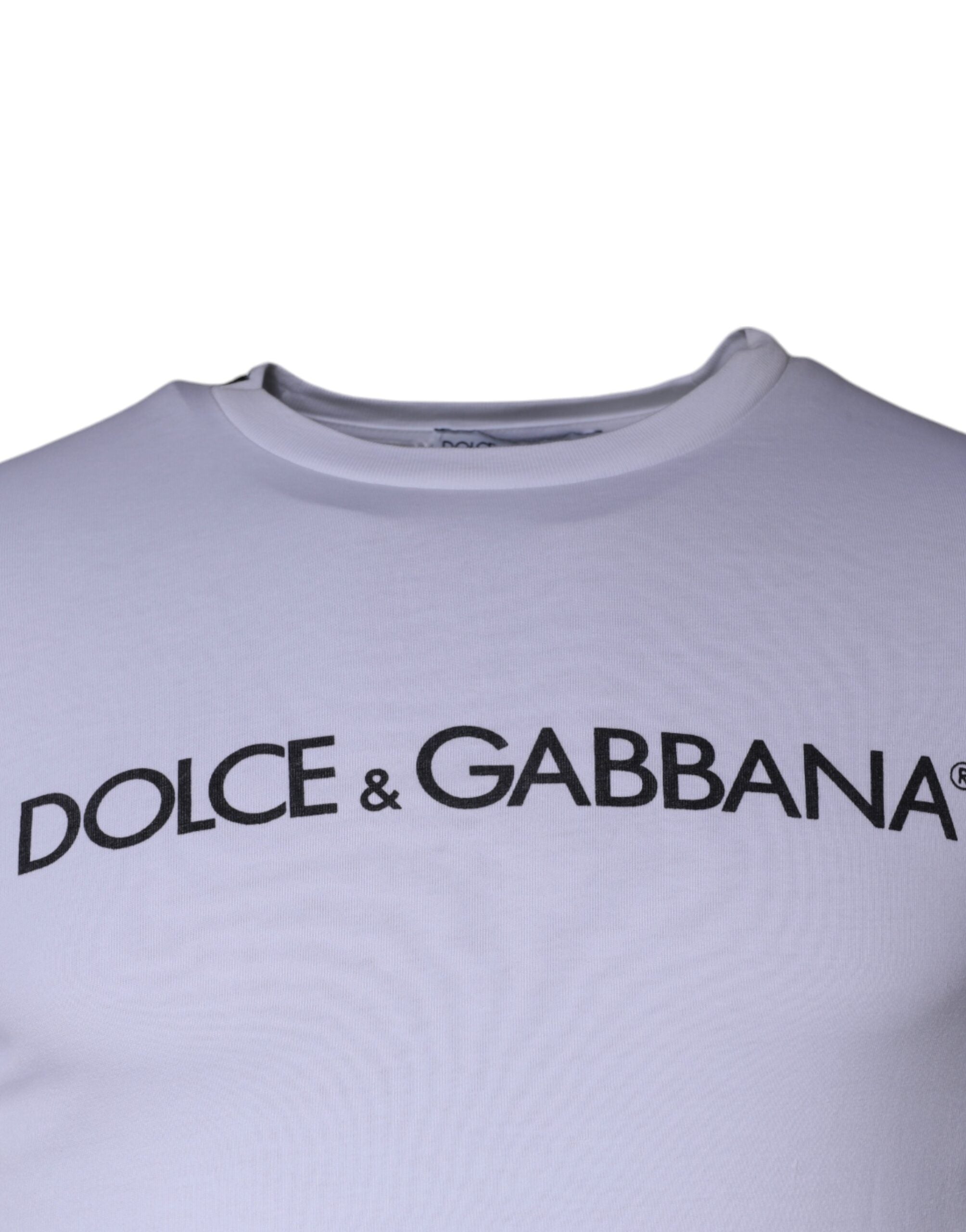 Dolce & Gabbana Λευκό Λογότυπο Εκτύπωσης Βαμβακερό T-Shirt με Στρογγυλή Λαιμόκοψη