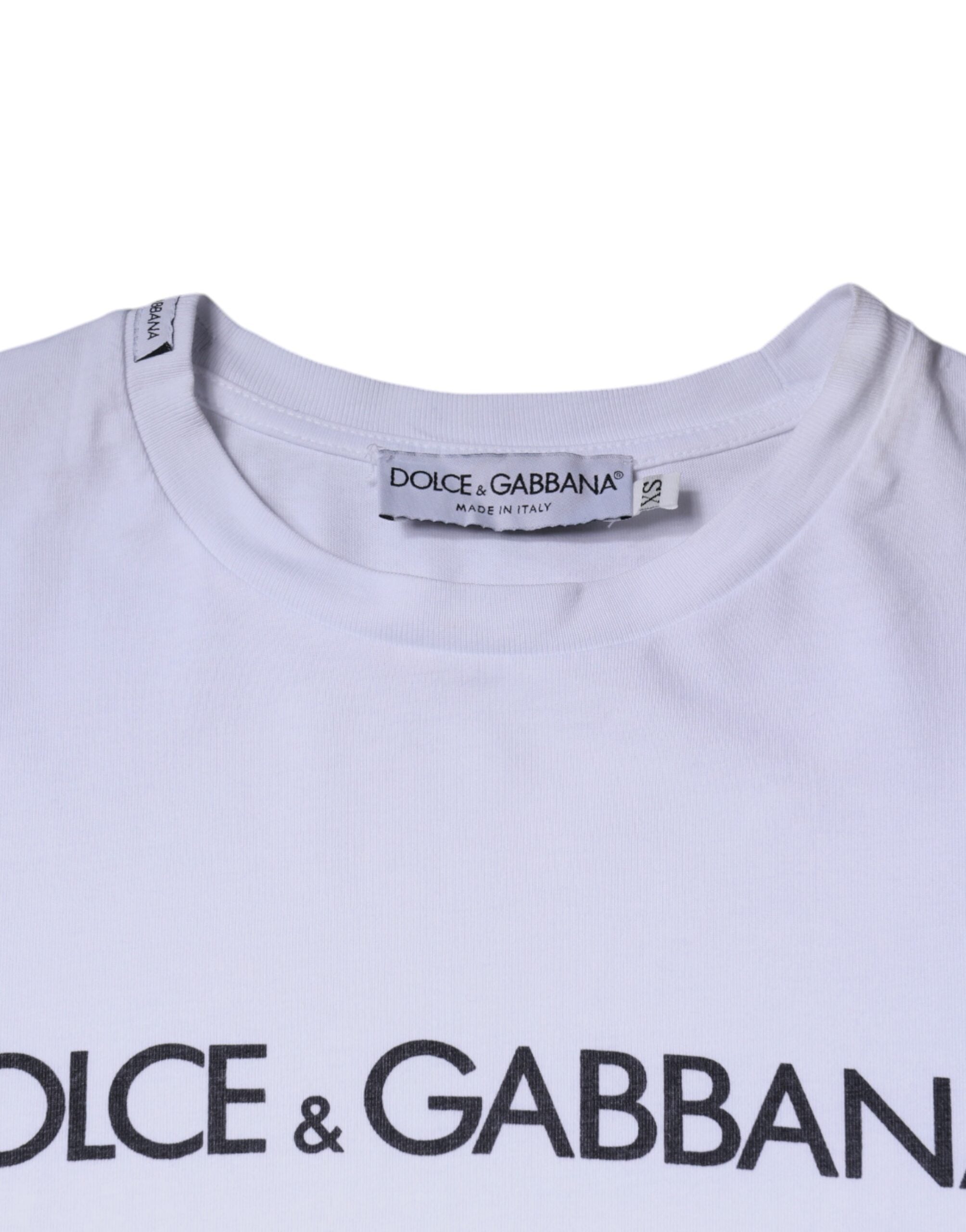 Dolce & Gabbana Λευκό Λογότυπο Εκτύπωσης Βαμβακερό T-Shirt με Στρογγυλή Λαιμόκοψη