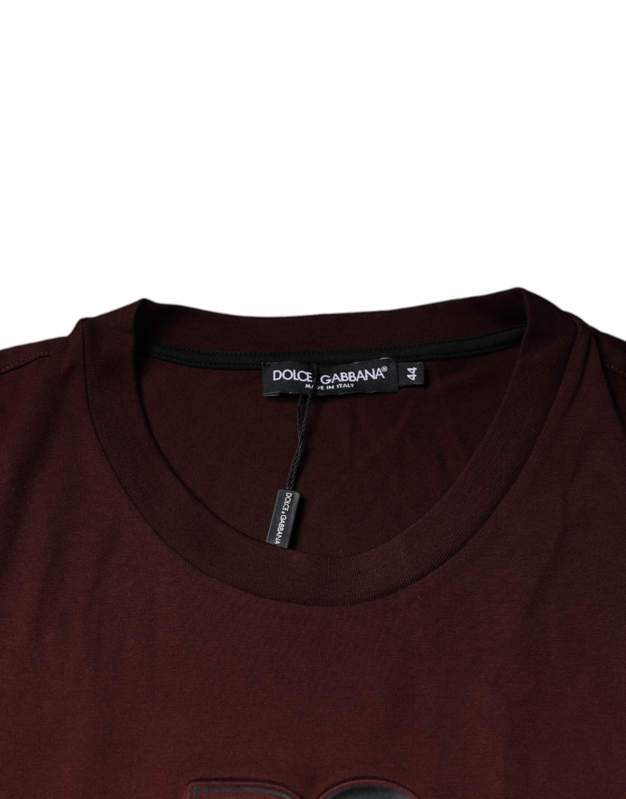 Dolce & Gabbana Maroon DG Logo Βαμβακερό Μπλουζάκι με Κλασσικό Λαιμό