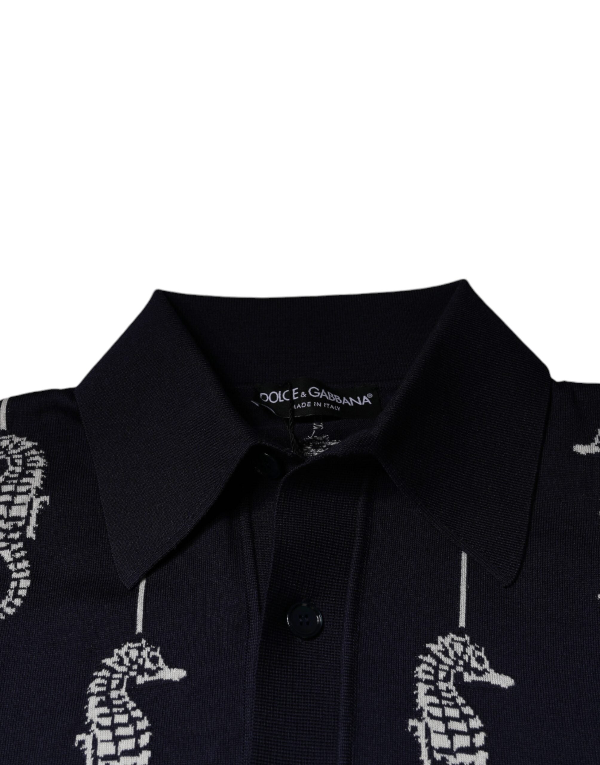 Dolce & Gabbana Σκούρο Μπλε Polo Μπλουζάκι με Γιακά και Εκτύπωση Θαλάσσιου Αλόγου