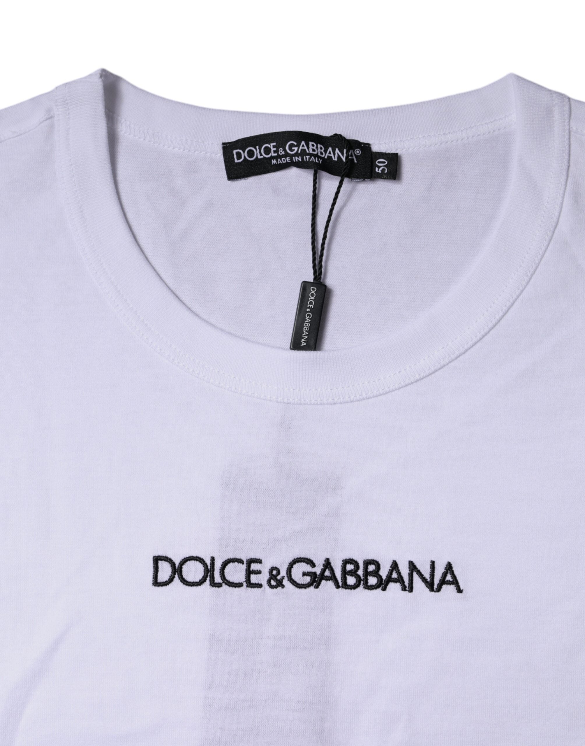 Dolce & Gabbana Λευκό Κοντομάνικο Μπλουζάκι με Εκτύπωση Λογότυπου από Βαμβάκι Στρογγυλή Λαιμόκοψη