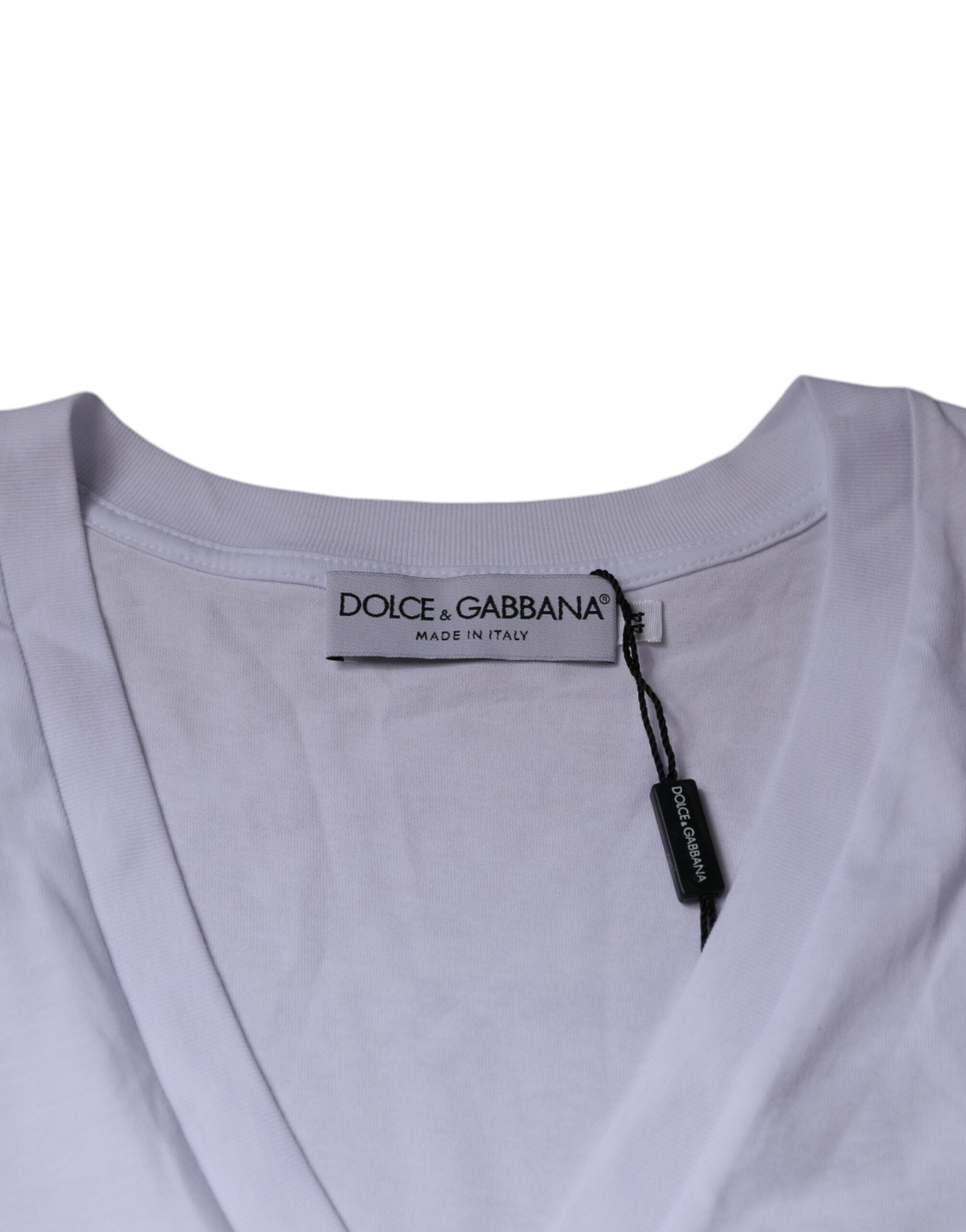 Dolce & Gabbana Λευκό Βαμβακερό T-shirt V-λαιμόκοψης με Κοντά Μανίκια