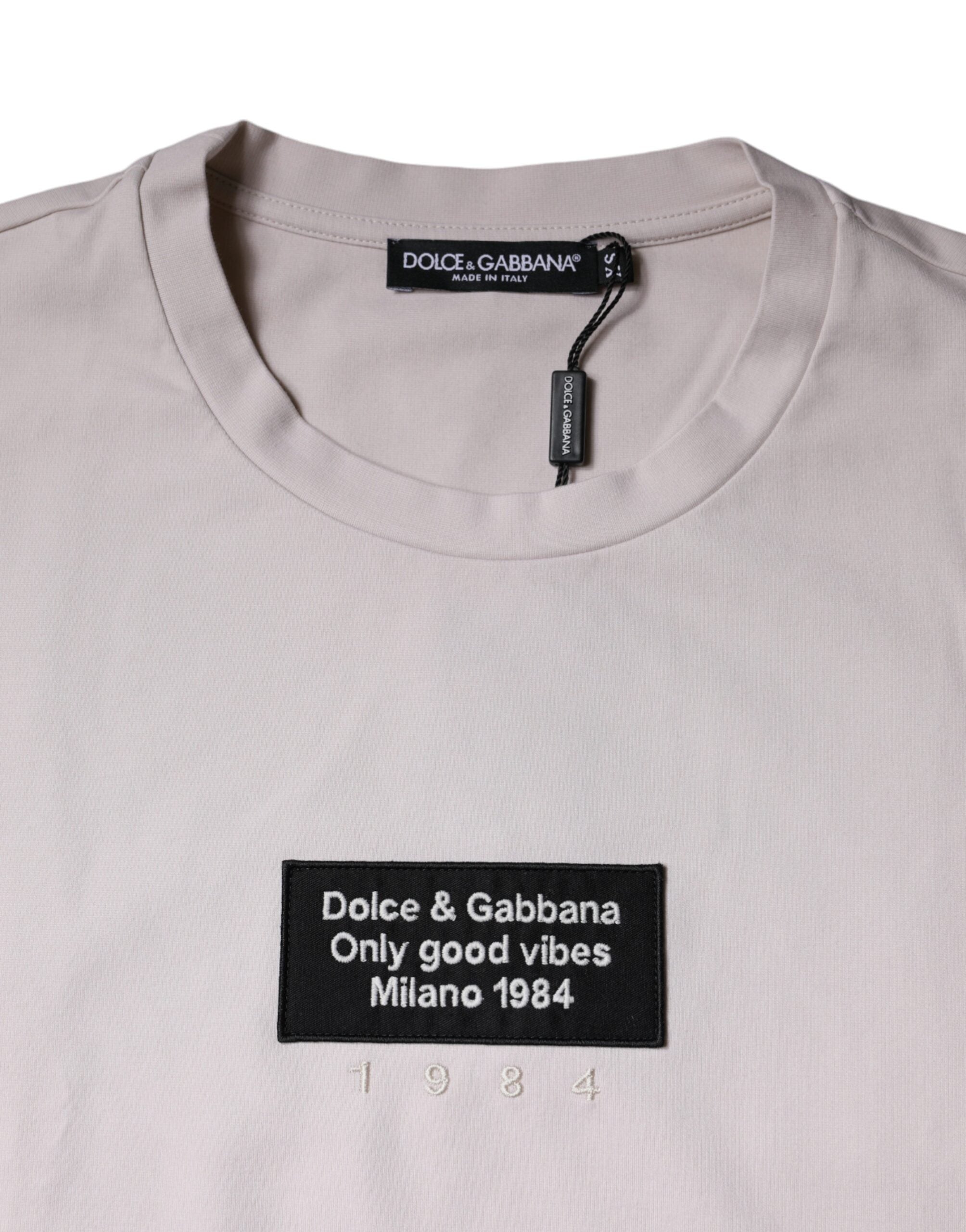 Dolce & Gabbana Μπεζ Λογότυπο Μπλουζάκι με Στρογγυλή Λαιμόκοψη από Βαμβακερό Μείγμα