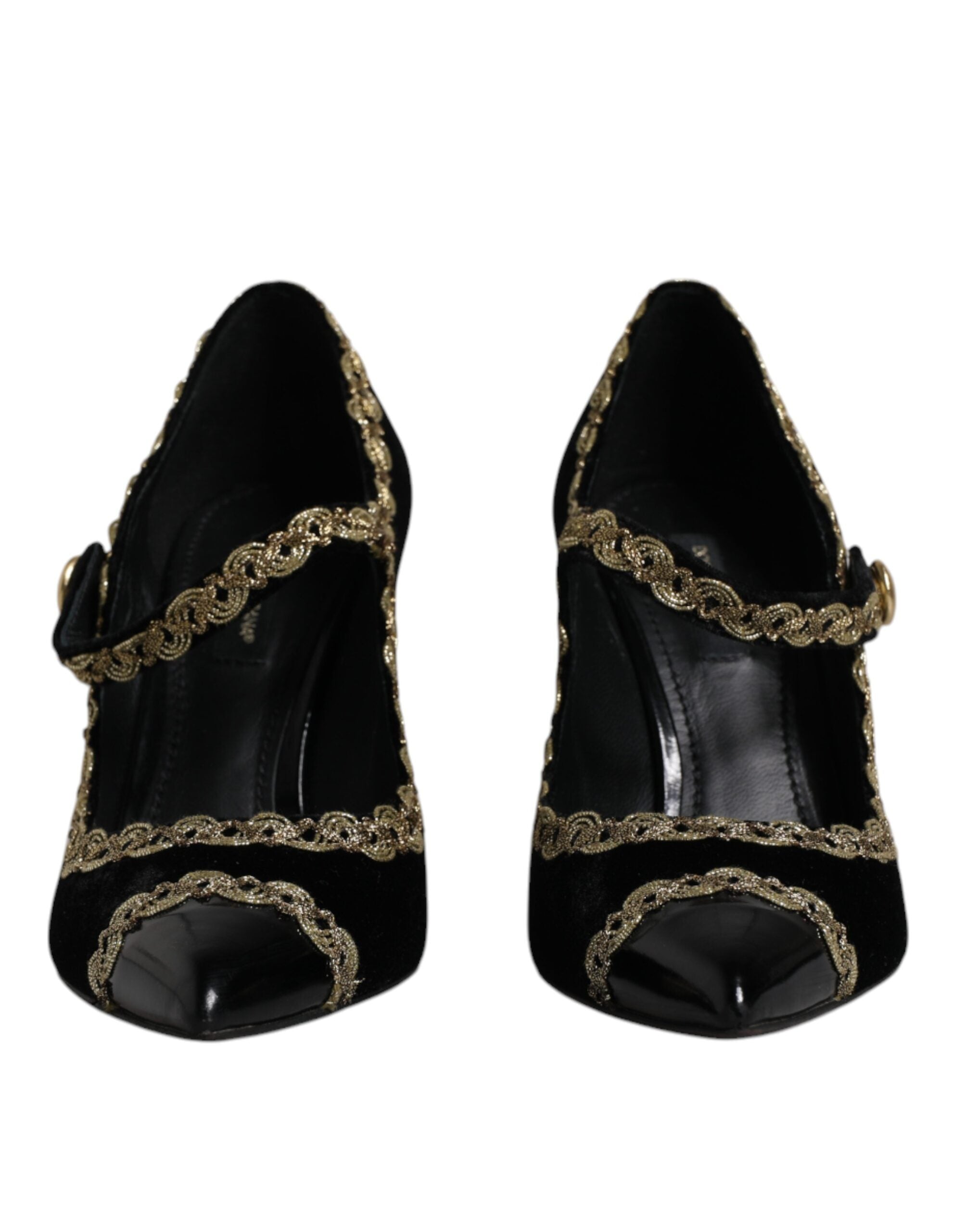 Dolce & Gabbana Black Velvet Gold Mary Janes Pumps Shoes