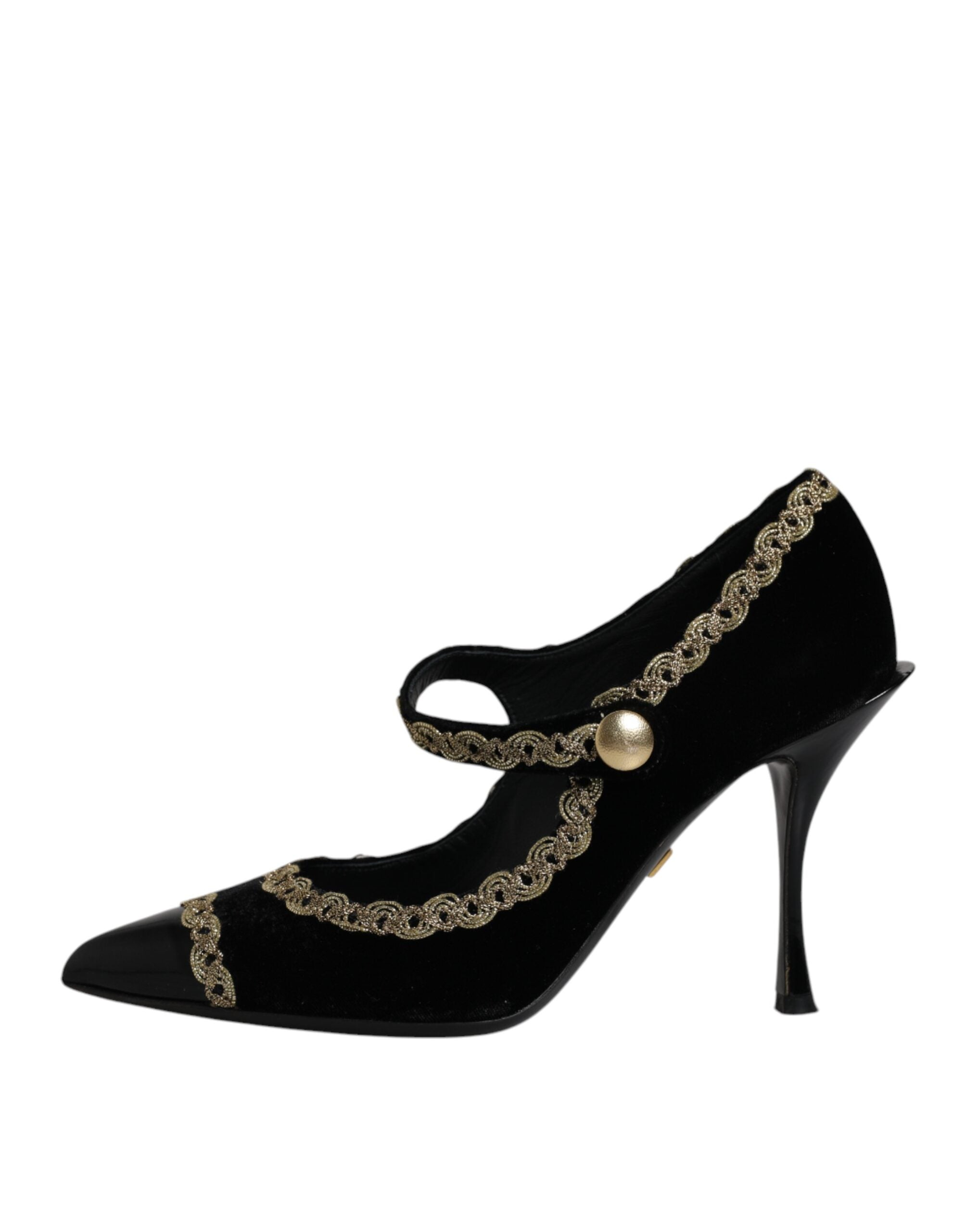 Dolce & Gabbana Black Velvet Gold Mary Janes Pumps Shoes