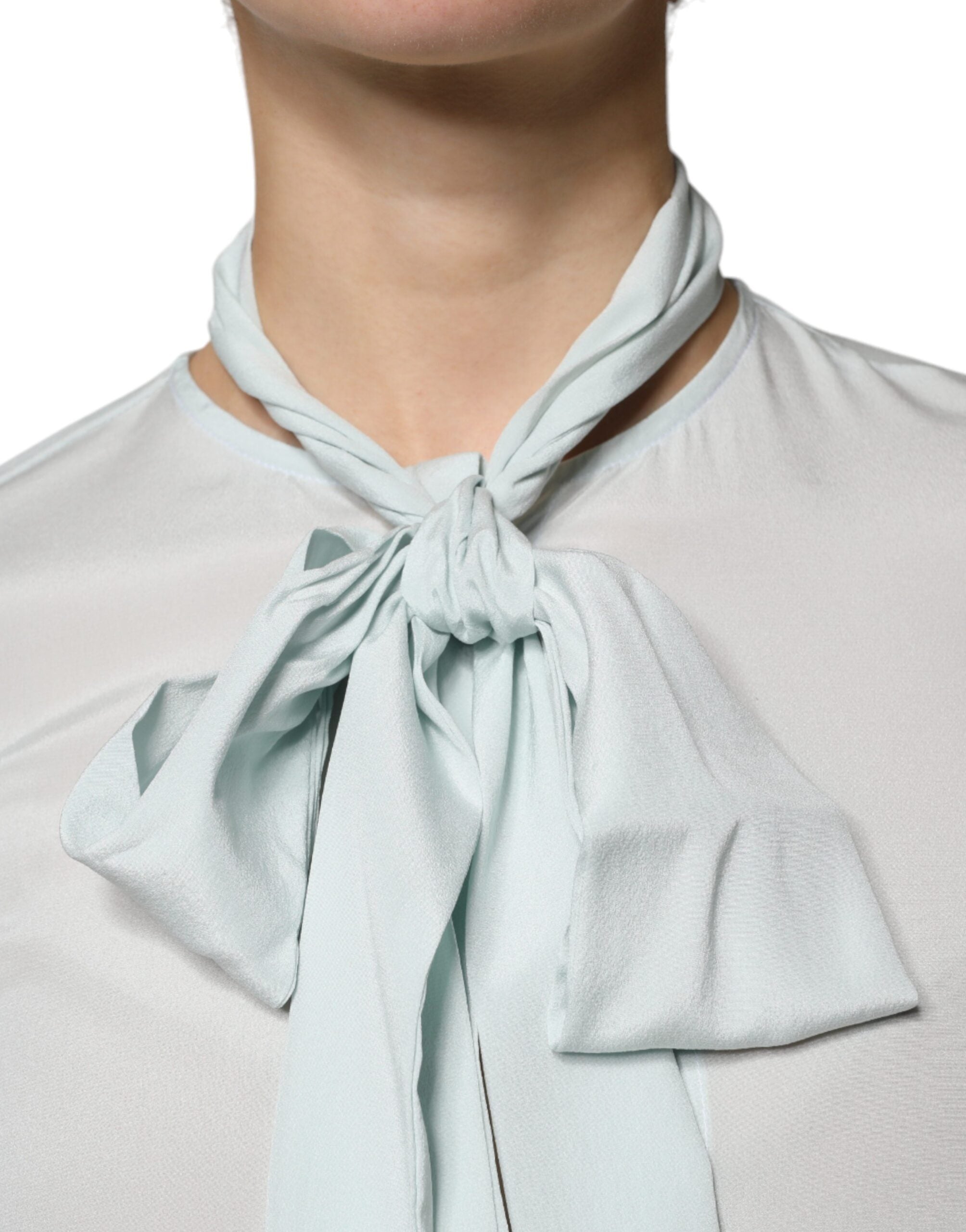 Ballantyne Light Blue Silk Ascot Collared Long Sleeves Top