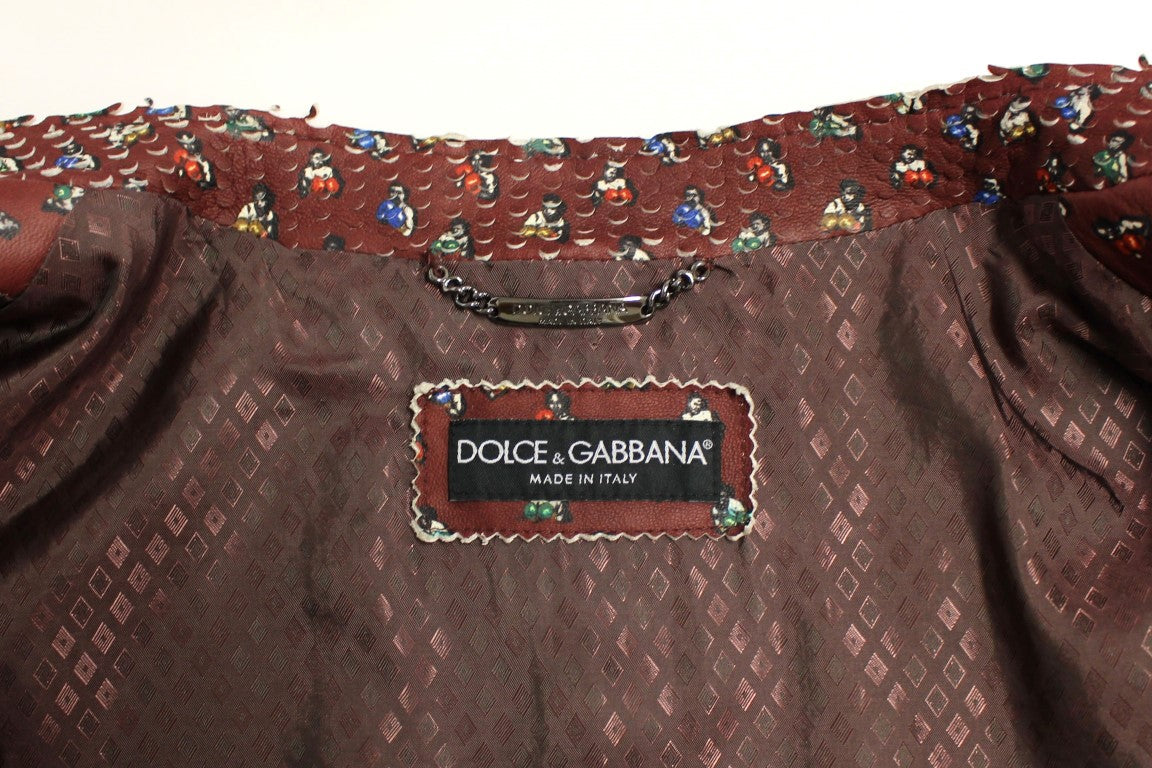 Dolce &amp; Gabbana Exclusive Boxer Print Bordeaux Leather Jacket