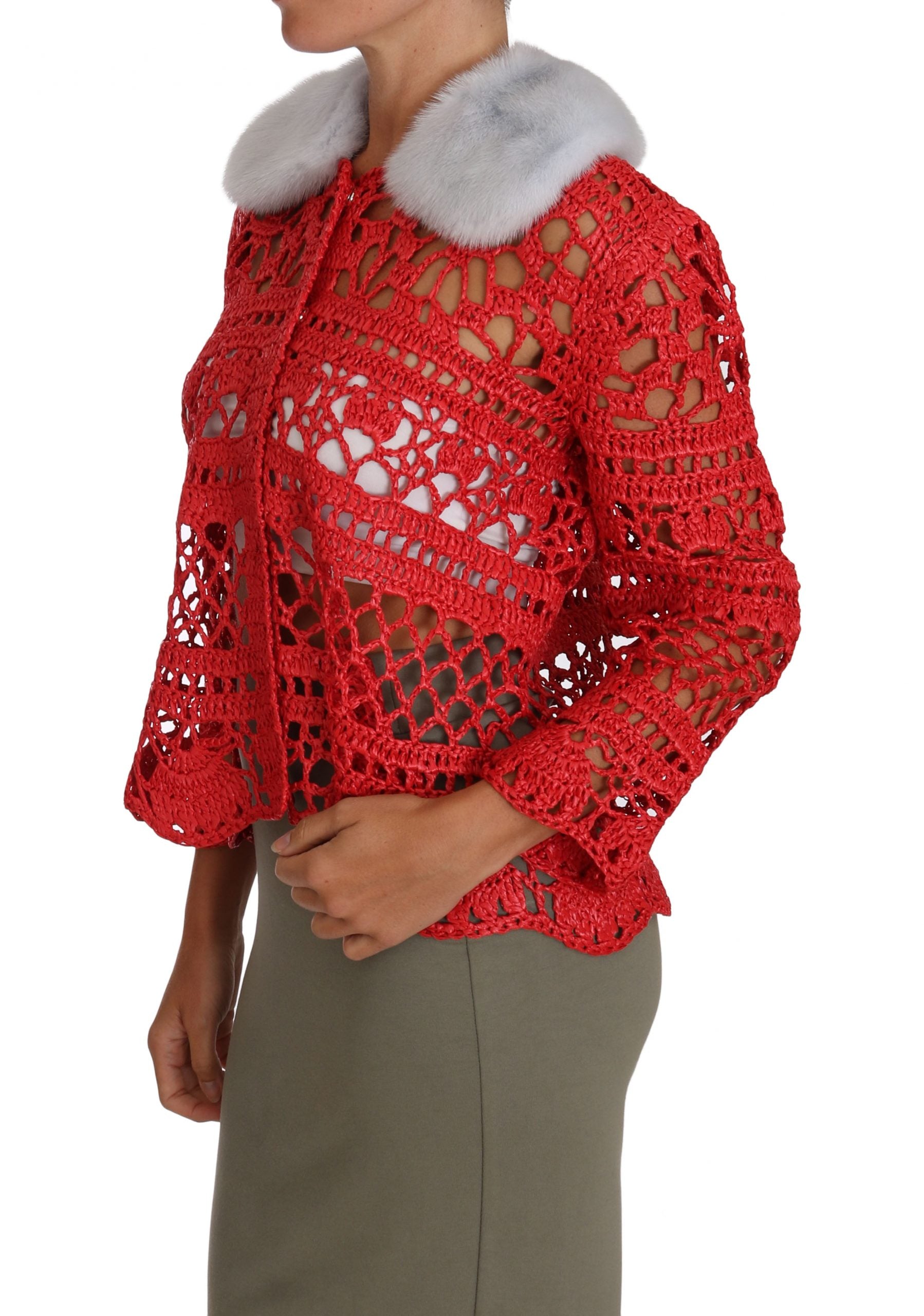 Dolce & Gabbana Elegant Red Crochet Knit Cardigan with Fur Collar