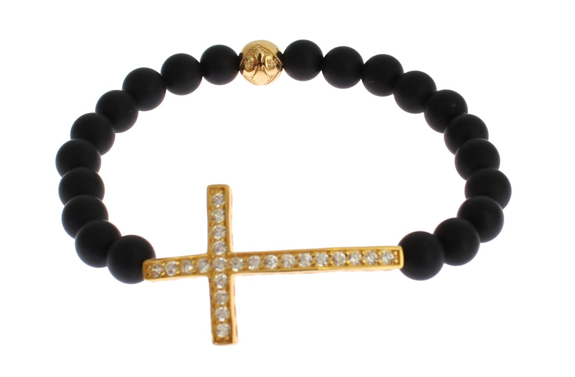 Nialaya Chic Matte Onyx Bead & CZ Diamond Cross Bracelet