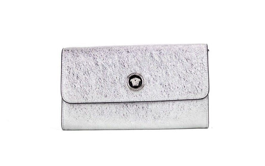 Versace Μικρή Μεταλλική Ασημένια Lamb Δερμάτινη Medusa Clutch Τσάντα πορτοφόλι χιαστί