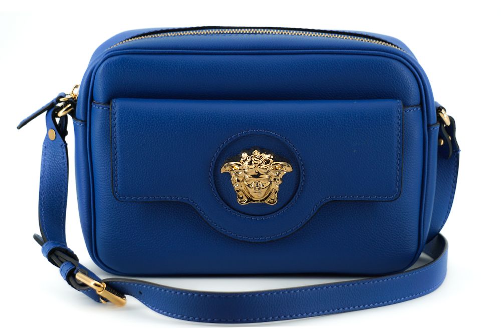 Κομψή τσάντα θήκης κάμερας Versace Blue Calf